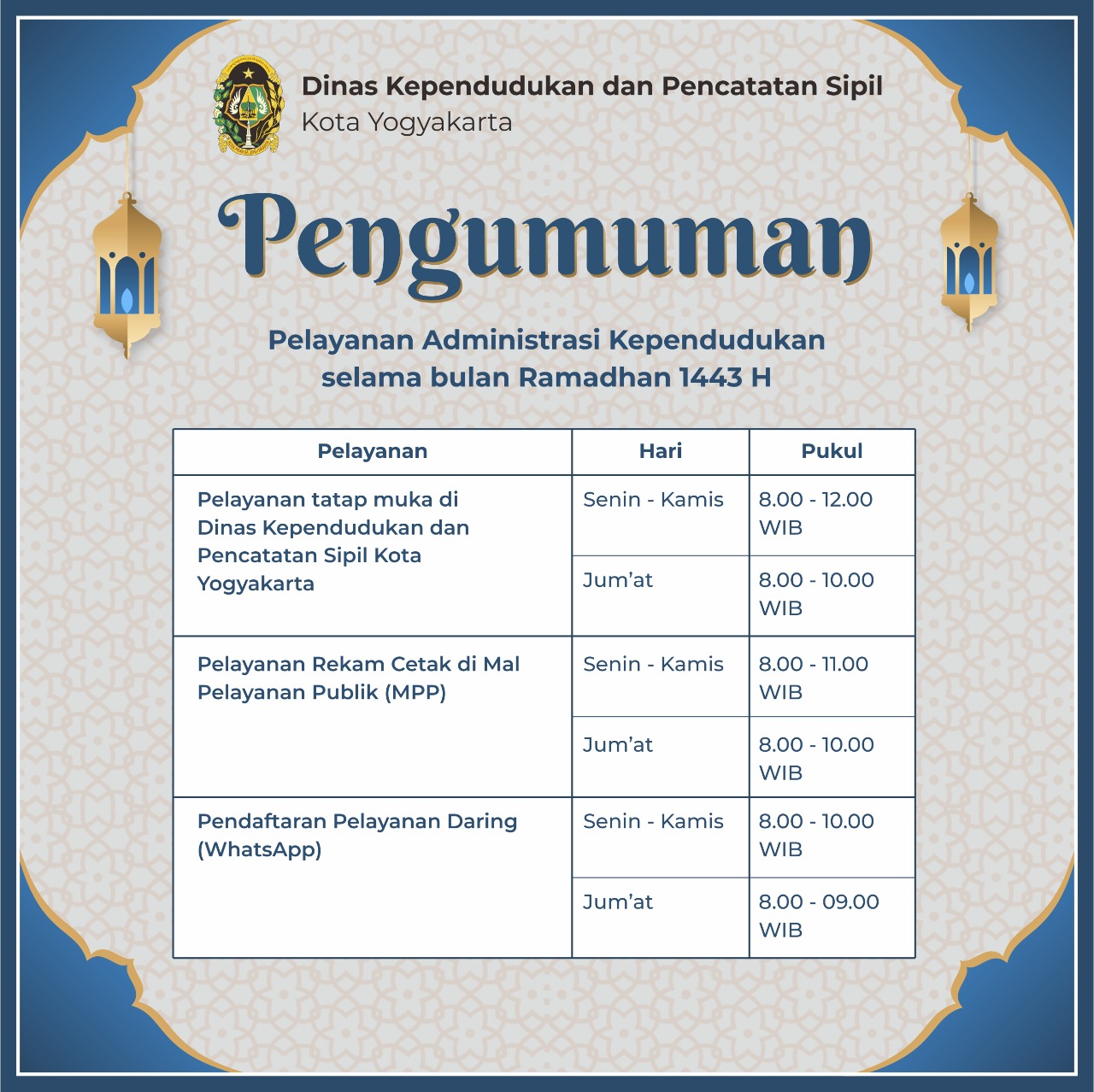 Informasi Jam Layanan Dinas Kependudukan Capil Kota Yk Selama Bulan Ramadhan 1443H