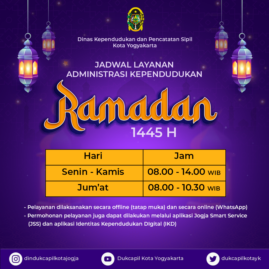 Jadwal Pelayanan Administrasi Kependudukan selama bukan Ramadhan 1445 H